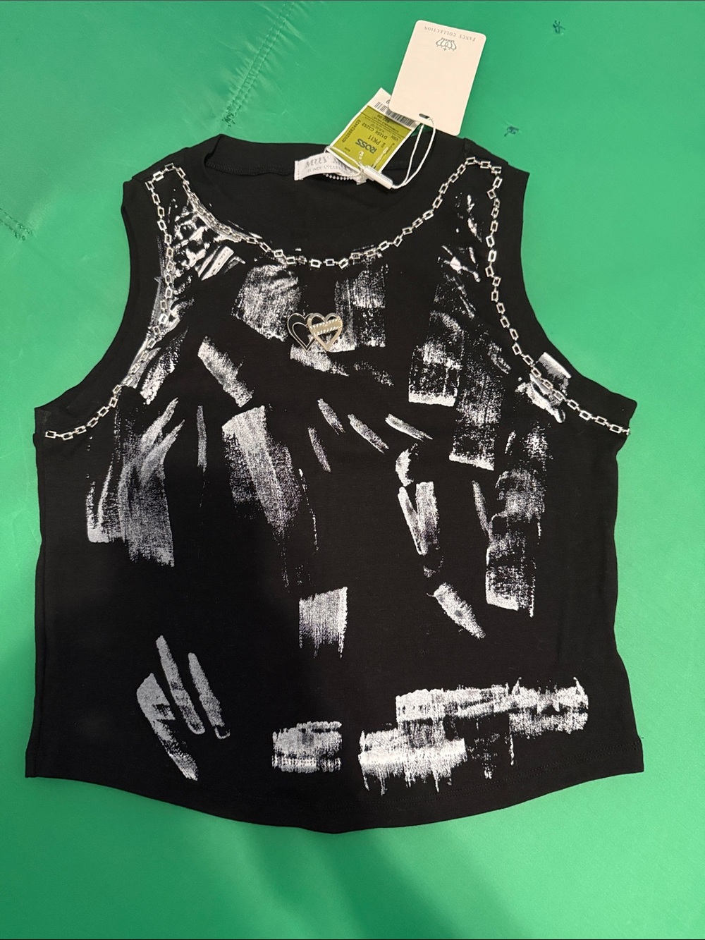 Black Sleeveless Crop Top with White Brushstroke & Chain Motif